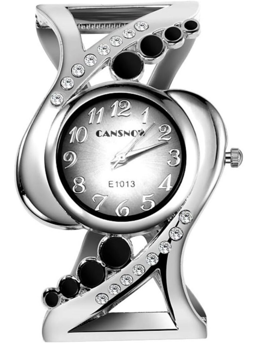 Women's Silver Black Luxury Crystal Cuff Bracelet Round Dial Analog Quartz Watch